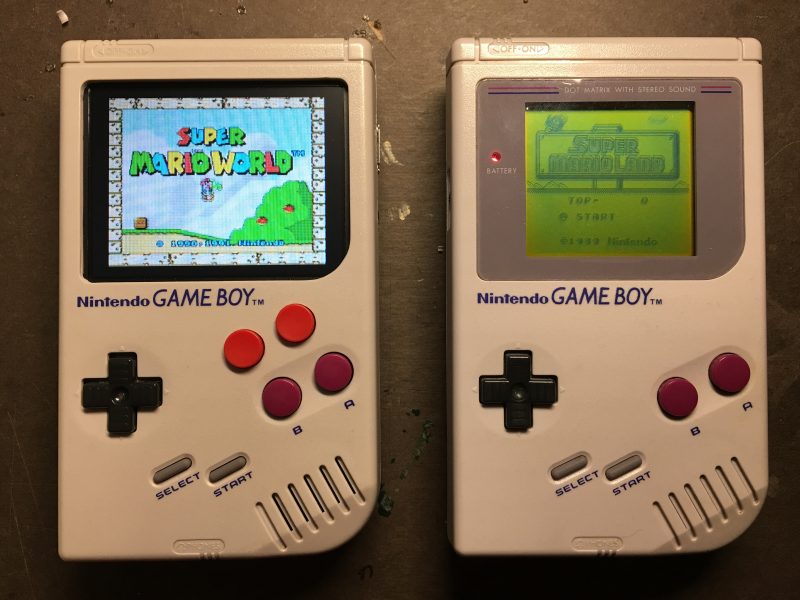 A MonthOfMaking project: two Nintendo Game Boys, one of them hacked with two extra buttons and a colour display