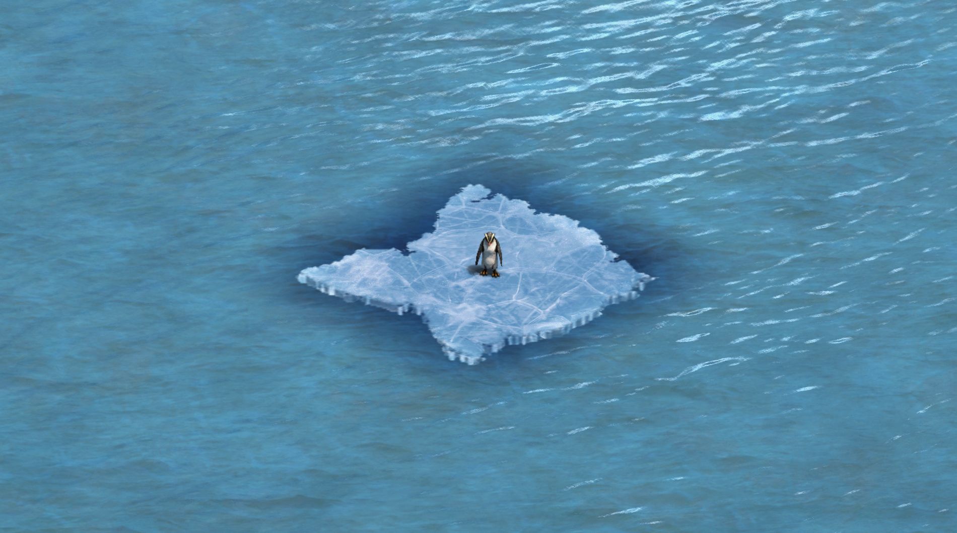 Ein einzelner Pinguin, der auf einem Eisberg sitzt, der von Wasser umgeben ist; aufgenommen von der Age of Empires II: Definitive Edition Spiel-Engine.