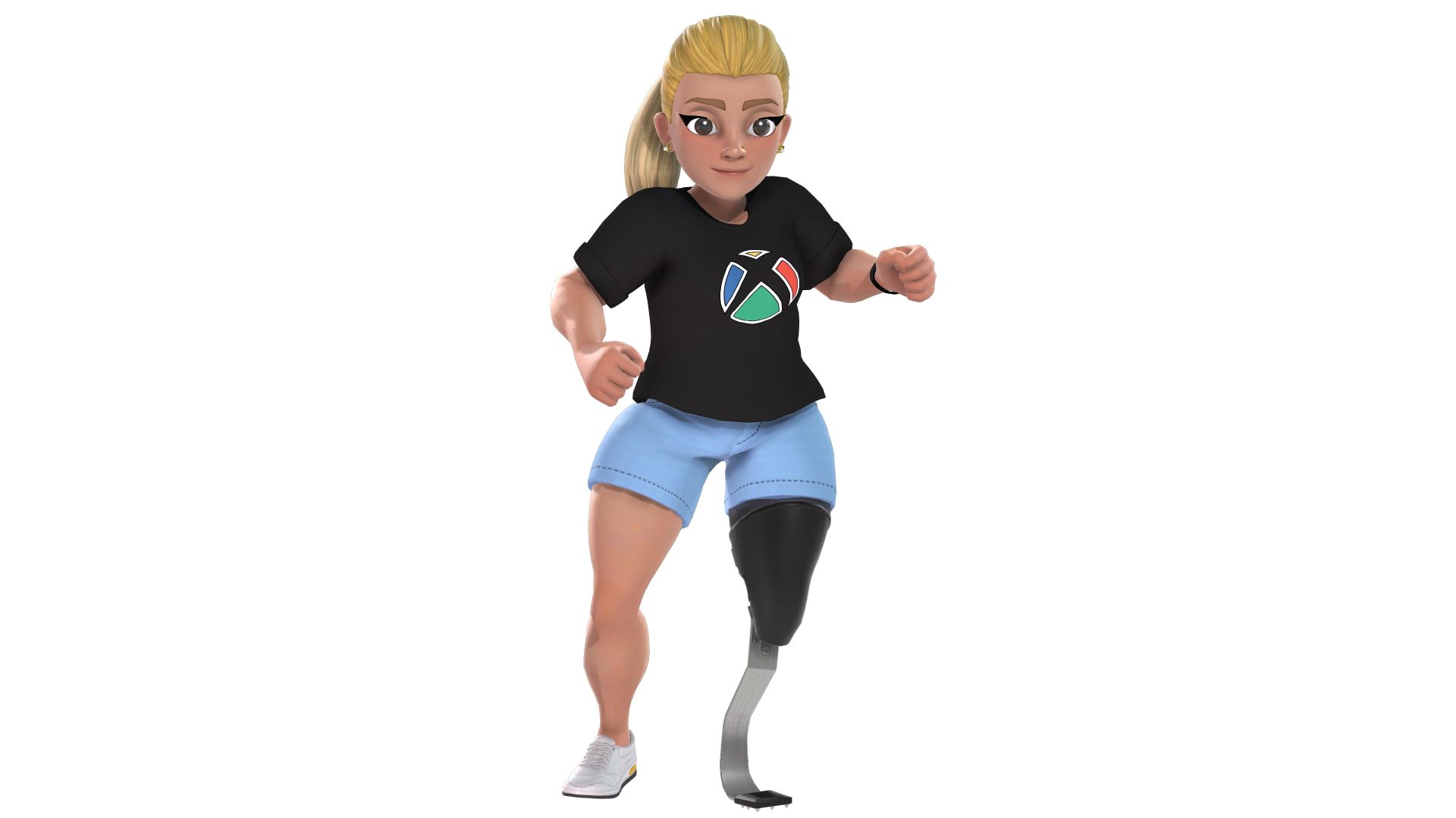 An Xbox avatar white woman wearing a black short sleeved tshirt with the Disability Pride sphere logo on the front and light denim shorts.