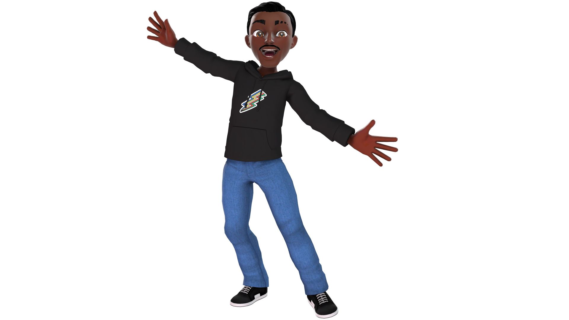 An Xbox avatar Black man wearing a black long sleeved tshirt with the Disability Pride sphere logo on the front and blue jeans. 