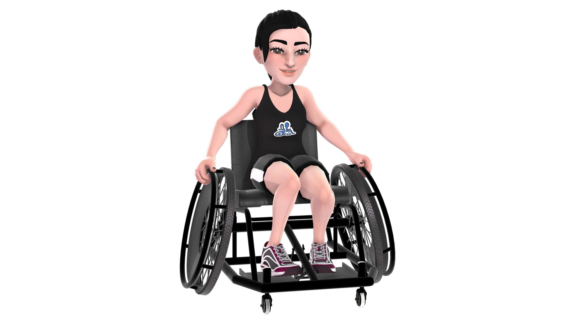 An Xbox avatar white woman seated in a wheelchair wearing a black tank top with the Disability Pride sphere logo and black shorts.
