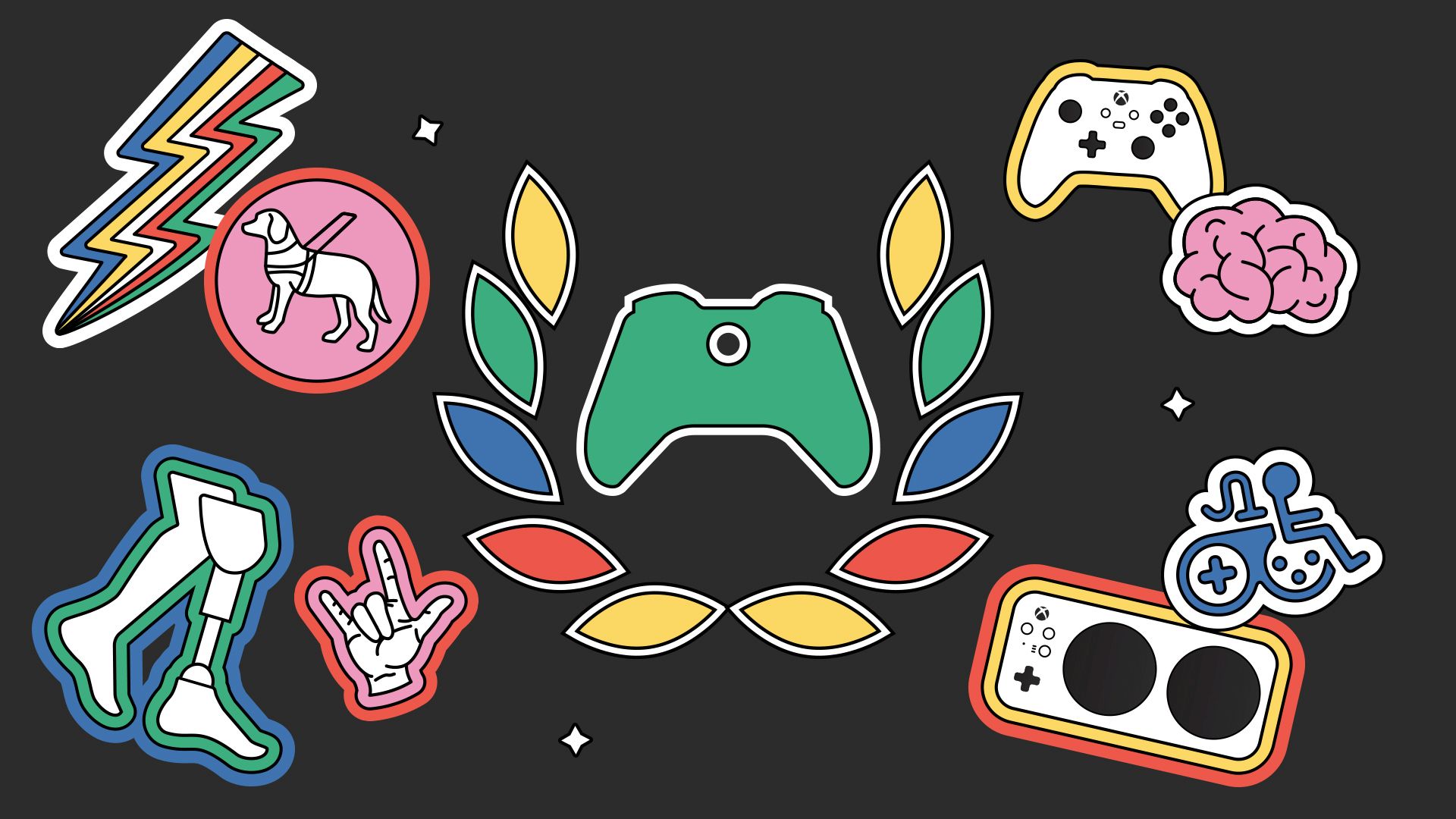 Das farbenfrohe Xbox Ambassadors-Logo befindet sich auf einem schwarzen Hintergrund, umgeben von folgenden Symbolen: dem Xbox Adaptive Controller, einem Gehirn, dem amerikanischen Gebärdensprachzeichen für "Ich liebe dich", einem bunten Blitz, einem Rollstuhl, einem Blindenhund, Beinprothesen sowie dem originalen Xbox Controller.